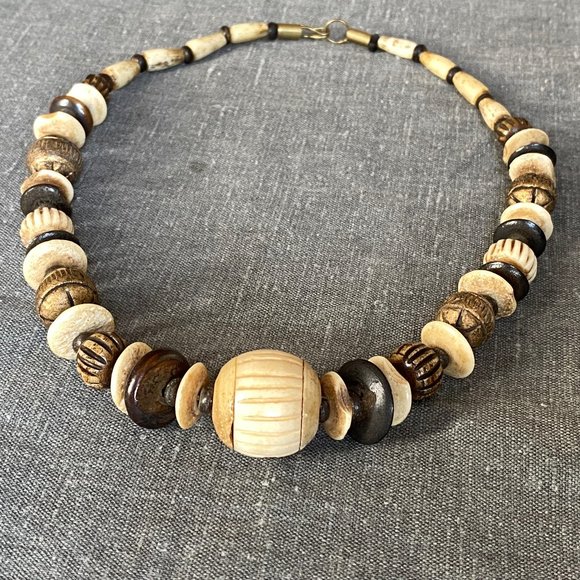 Tribal Hand-carved Bone & Wood Beaded Necklace - Picture 1 of 6